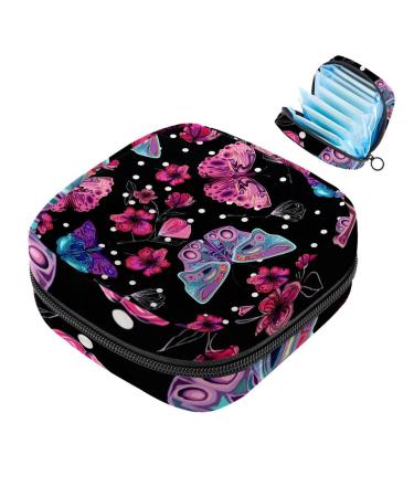 Pink flower butterflies round points colorful pattern sanitary napkin storage bag menstruation pad bag pocket portable menstrual cup pocket with zipper for teenage girls women women