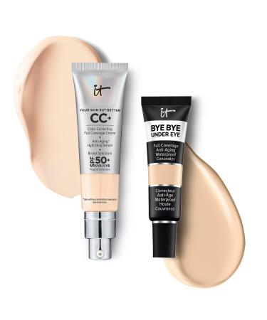 IT Cosmetics CC+ Cream with SPF 50+ Natural Finish Full Coverage Foundation (Fair Warm - 1.08 fl oz) & Bye Bye Undereye Concealer Anti-Aging Makeup (11.0 Light Nude - 0.4 fl oz)