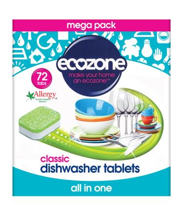 EcoZone Classic All-In-One Dishwasher Tablets Effective Cleaning Formula Cuts Through Grease & Grime Natural Vegan & Non Toxic Tabs Plant Based Plastic-Free Leaves No Residue (Box of 72 Capsules)