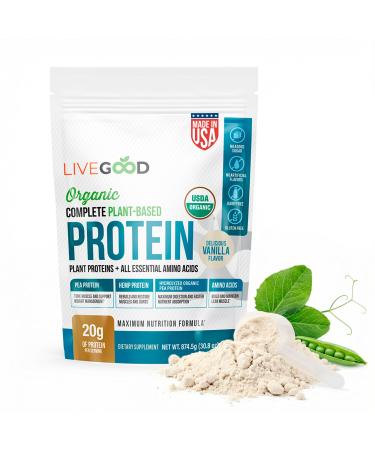 LIVEGOOD Complete Plant Based Protein Powder with Organic Pea Protein and Essential Amino Acids for Muscle Support Recovery Energy and Daily Nutrition Vanilla Protein Supplement (30 Servings)