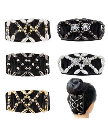 Besbomig 5 pieces pearls hair clip stretch hair comb elastic hair clinging stretchable comb hairpins for women girls - double socket ridge hair gam - Buy Online on GoSupps.com