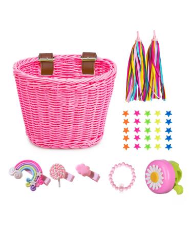 Kids Bike Basket for Girls, Handwoven Front Handlebar Bicycle Basket, Pink Bike Decoration Cycling Accessories with Bike Bell, Streamers, Wheel Beads, 3pcs Girl Hair Clips and 1pcs Bracelet