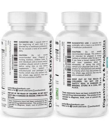 Youth & Tonic Digestive Supplement for Bloating Regularity & Gut Health. Full Spectrum Enzymes Probiotics & Prebiotics for Digestion to Break Down Food and to Use Daily for Women & Men 120 Pills - Buy Online on GoSupps.com