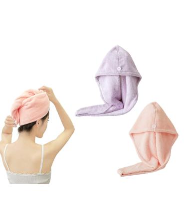Hair Towel Wrap (Pink+Purple) Turban 2 Pack Microfibre Hair Towel Super Absorbent Hair Drying Towel with Button Dry Hair Hat Wrapped Bath Cap