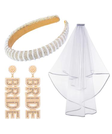 Hanaive 3 Pcs Bachelorette Party Bride Kit Decorations Pearl Bride Headband Bridal Veil Letter Rhinestone Bride Earrings for Women Wedding Bridal Shower Gift Favors Bride Accessories Outfit