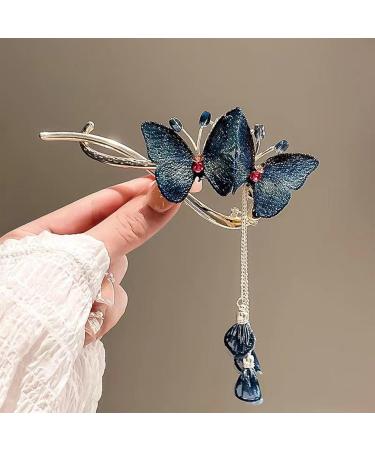 Butterflies Hair Clips | Hair Accessories Clip For Women | Rhinestone Tassel Hair Chain Chic Hair Accessories Nonslip Grip Embellished With Rhinestones For Daily Use Blue - Buy Online on GoSupps.com