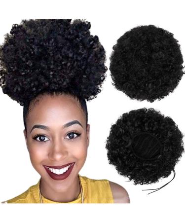 Synthetic Afro Puff Drawstring Ponytail Short Kinky Curly Hair Bun Extension Donut Chignon Hairpieces Wig Updo Hair Extensions Clip in Bun Ponytail Extensions Large Size 1B#(90g)