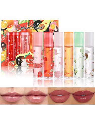 6 Pcs Fruit Roll-on Lip Gloss Set Clear Lip Gloss Crystal Jelly Liquid Lipstick Plumping Lip Oil Moisturizing Hydrating Non-Sticky Nice Gift for Women Girl