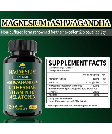 VPKIN Magnesium Ashwagandha Supplement Magnesium Glycinate Melatonin L-Theanine Plus Vitamin D3 Gluten Free 120 Capsules - Buy Online on GoSupps.com