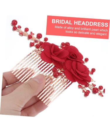 DOITOOL Red Rose Flower Hair Clip Comb Artificial Pearl Hair Comb Red Rose Hair Clip Bridal Accessories Chinese Style Hair Accessories Tiara Floral Hairpin Dress Flowers Bride - Buy Online on GoSupps.com