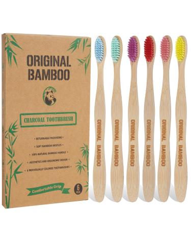 Toothbrushes BPA Free Soft Bristles 6 Pack Biodegradable Eco-Friendly Sustainable Natural Bamboo Charcoal Tooth Brush for Dental Hygiene Gum Care Ergonomics 6 PCS