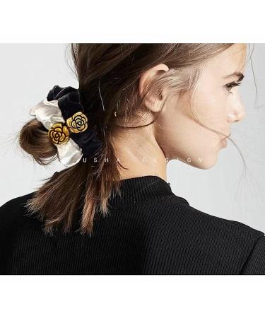 BIBILAN 3-Piece Vintage Cord Scrunchies Set Stylish Floral Fabric Hair Ties for Women | Retro Elastic Hair Accessories in White and Black - Buy Online on GoSupps.com