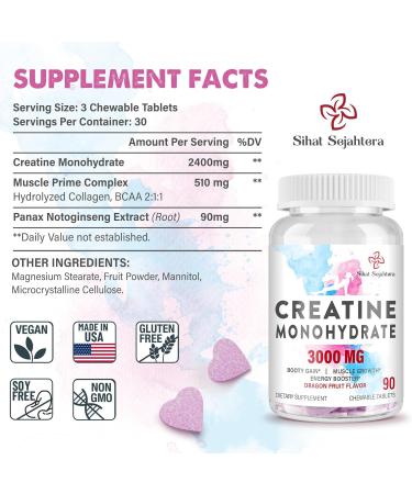 3000 MG Creatine Monohydrate Tablets for Men & Women | BCAA & Hydrolyzed Collagen Chews for Performance & Recovery | Dragon Fruit Flavor | 90 Count - Buy Online on GoSupps.com