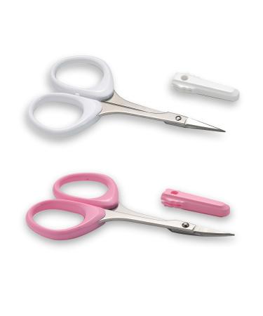 PAFASON Stainless Steel Curved and Straight Eyebrow Grooming Scissor Set with Protective Cover for Trimming Eyelash Eyebrow White+pink
