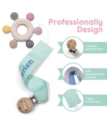 Personalized Pacifier Clip with Name Embroidery - 2 Pack for Girls and Boys, Universally Fit All Pacifiers - Baby Gift Set with Rudder Teething Toy - Buy Online on GoSupps.com