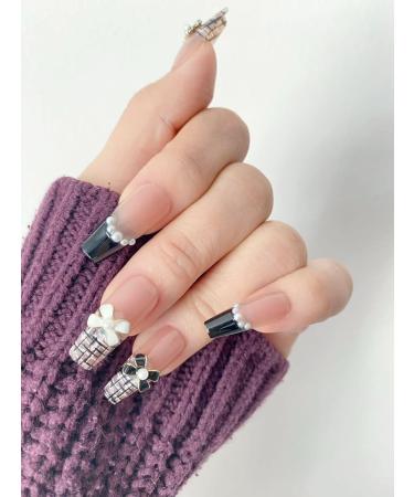 Long Stiletto French Checked Bow Pearl Black and White Fake Press On Nails - Buy Online on GoSupps.com