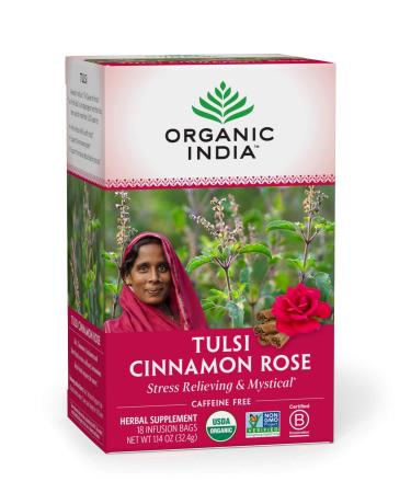 Organic India Tulsi Cinnamon Rose Herbal Tea - Stress Relieving & Mystical, Immune Support, Gluten-Free, USDA Certified Organic, Supports Sugar Metabolism, Caffeine-Free - 18 Infusion Bags, 1 Pack