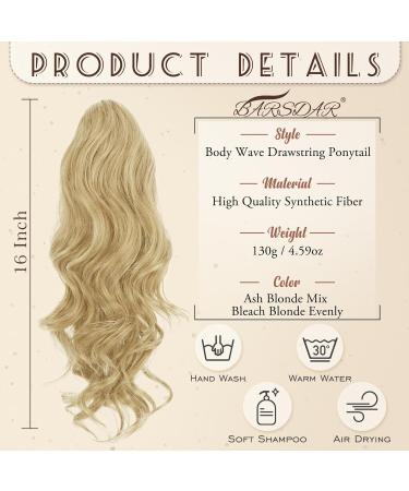 BARSDAR Short Wavy Ponytail Extension - 16'' Light Ash Blonde Mixed | Clip-in Synthetic Hairpiece for Women - Buy Online on GoSupps.com