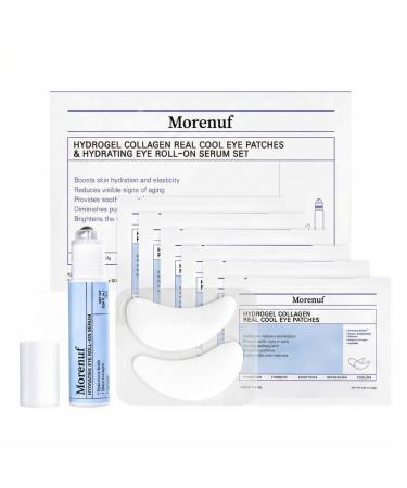 MORENUF Hydrogel Collagen Real Cool 6 Pairs of Eye Patches & Hydrating Roll-On Serum Set for Dark Circles and Puffiness - Hyaluronic Acid and Caffeine Eye Serum Korean