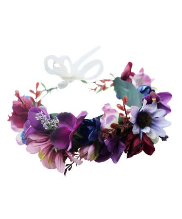 LLinfflr Women Floral Crown Boho Flower Headband Hair Wreath Floral Halo Headpiece with Ribbon Wedding Party Photos Purple