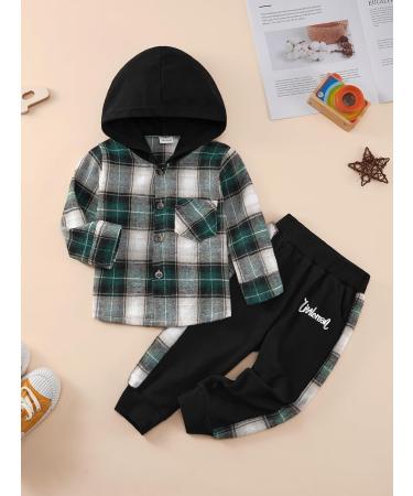 Naiyafly Toddler Boys Hoodie and Pants Set | Kids Long Sleeve Hooded Sweatshirt Outfit | Children's Button Down Tracksuit | Boys School Playsuit 5-6 Years Green Plaid - Buy Online on GoSupps.com