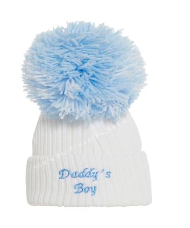 Soho Fashions Luxury British Made Baby Boy Mummys Boy Daddys Boy Cute Decorative Frilly Knitted Pom Pom Newborn Baby Hats S Daddys Boy (White Blue)