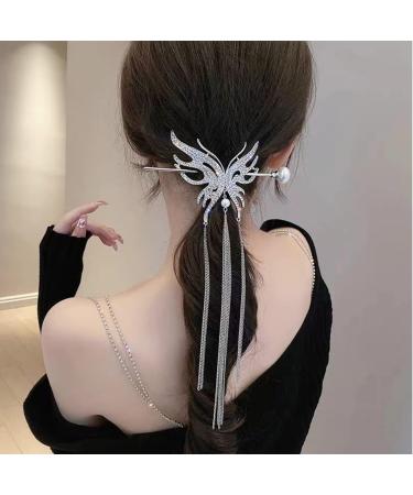 Ypkia 3D Large Butterfly Tassel Hair Stick Silver Hair Sticks Vintage Rhinestone Pearl Hair Pin Shiny Hair Stick for Women and girls - Buy Online on GoSupps.com
