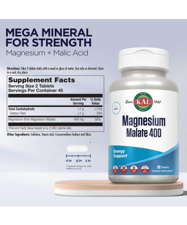 KAL Magnesium Malate 400mg Chelated Supplement with Malic Acid - Energy & Muscle Support - Vegan, Non-GMO - 90 Veg Tabs - Buy Online on GoSupps.com