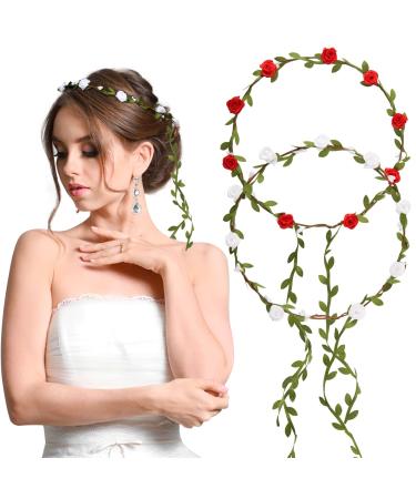 Boyrot 2Pcs flower wreath hair flower crown ladies girl boho flowers hair band bride roses hair ripe headband with leaves wedding party communion birthday head jewelry red white red with white