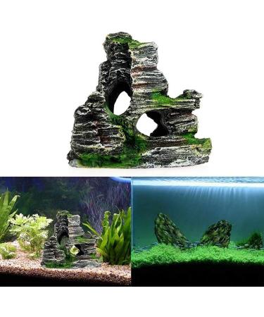 2PCS Aquarium Rock Cave Decoration with Green Grass | Resin Fish & Shrimp Hiding Accessories | Mountain View 11x9x11cm & 10x5.5x10cm - Buy Online on GoSupps.com