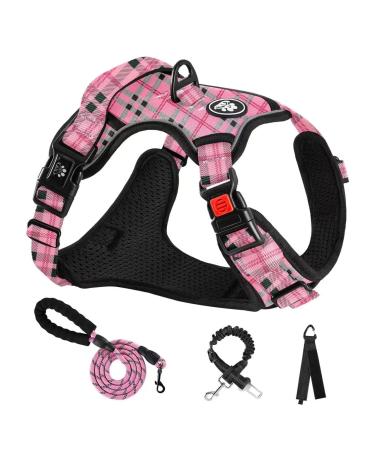 Nestroad anti pull dog harness large dogs leash set checked pink size xl for dogs large neck circumference 43 64cm breast circumference 53 89cm contain breast leash safety belt xl neck 43-64cm breast 53-89cm checked pink