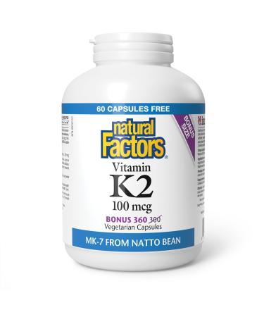 Natural Factors Vitamin K2 100 mcg BONUS SIZE 360 Vegetarian Capsules MK-7 from Natto Bean Helps Support Bones Vegan 60 Free Capsules