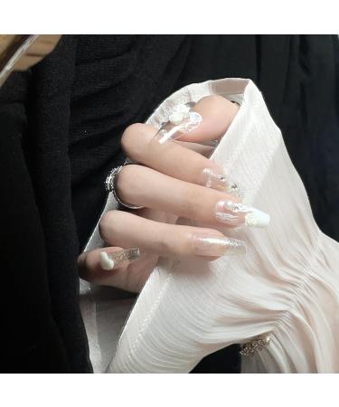 MENILITHS French White Diamond Pearl Mountain Camellia Bridal Wedding Dress Nail Art False Nails Acrylic Fake Nails Full Cover Nails Tips Artificial Finger Manicure for Women and Girls - Buy Online on GoSupps.com
