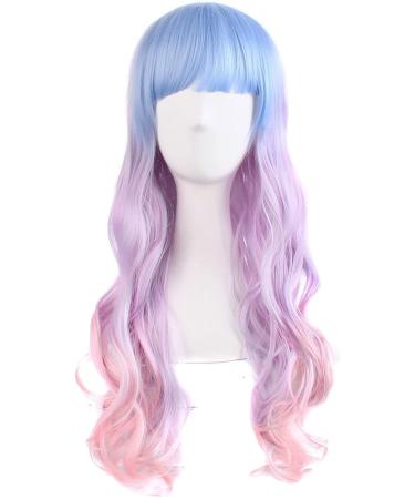 Sawekin Women's Long Wavy Wig 28"70cm Multi-Color Lolita Cosplay Wig Party Wig for Anime Costume Halloween Cosplay (D-Light Blue/Light Purple/Pink)