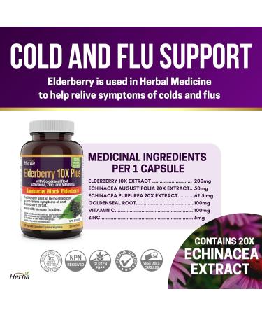 Herba Sambucus Black Elderberry Capsules 2 000mg Equivalent | Immune Booster for Adults | 10:1 with Echinacea and Goldenseal Root Vitamin C and Zinc | Elderberry Supplement to Help Relieve Symptoms of Cold Flu and Sore Throat | Extra Strength 60 Vegetable - Buy Online on GoSupps.com