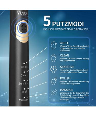 YUNCHI Y2 Electric Toothbrush with 8 Charcoal Heads | Rechargeable Sonic Toothbrush with 5 Modes | 40000 VPM Smart Timer | Lasts 30 Days | Black White - Buy Online on GoSupps.com
