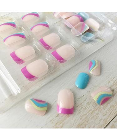 Colorful Waves French Tip Press on Nails - Glossy Blue & Pink Swirl Design | 24Pcs - Buy Online on GoSupps.com