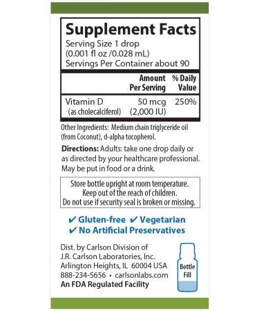 Carlson - Plant-Based Super Daily D3 2000 IU (50 mcg) per Drop, Vegetarian Vitamin D Drops, Liquid Vitamin D3, Sourced from Algae, Unflavored, 90 Drops (2.54 mL) - Buy Online on GoSupps.com