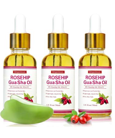 Umpeimvon 3 Pack Gua Sha Face Oil for Women Rosehip Oil Organic Facial Oil Moisturizer Infused Rose Vitamin E & C Restore and Rejuvenate Hydrating Facial Oil for Dermaplaning 1.01fl.oz/30ml