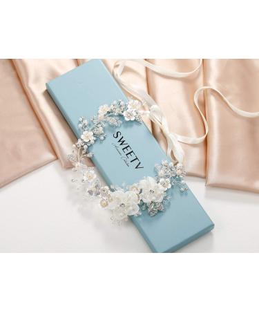SWEETV Pearl Bridal Headband - Silver Wedding Headpiece with Crystal Flower Accents for Women and Girls - Buy Online on GoSupps.com