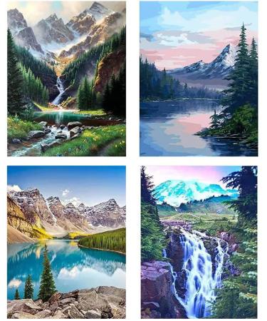 4 Pack Paint by Numbers Mountains waterfall Paint by Number for Adults Kids Beginner Painting by Number On Canvas DIY Adult Paint by Number Mountains Waterfall Landscape Oil Painting 12X16 Inch 4 Pack Paint by Numbers ...