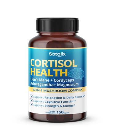 Cortisol Health Supplement with Magnesium Ashwagandha Lion s Mane & 10 Mushroom Complex Relaxation Focus & Energy Support 150 Capsules Sotalix GMO-Free
