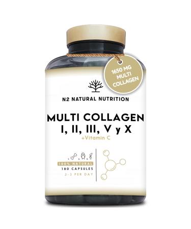 Multi Collagen 1650mg Type I II III V X. Bovine Marine Collagen Peptides 180 Capsules Enhanced with Vitamin C for Joint Care Skincare & Hair High Strength Collagen N2 Natural Nutrition