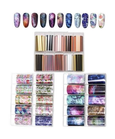 30 Colors Nail Foil Transfer Sticker Kalolary Big Size Holographic Flower Starry Sky Metallic Nail Art Stickers Tips Wraps Foil Transfer Adhesive Glitters DIY Nail Decoration(10 rolls each box.)