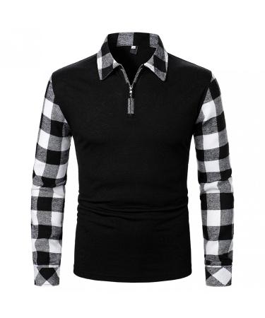 JSPOYOU Mens Plaid Printed Polo Shirts hisper Long Sleeve Lapel Zipper Blouse Casual Slim Fit Business Office Shirts Tops Black, XX-Large