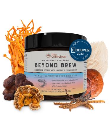Beyond Brew Mushroom Superfood Coffee | Mushroom Coffee Alternative Low Caffeine | Healthy Coffee Substitute | W/Prebiotics & Probiotics | By Live Conscious | 30 Servings Net Wt. 7 oz (0.4 lb/201g) - Buy Online on GoSupps.com