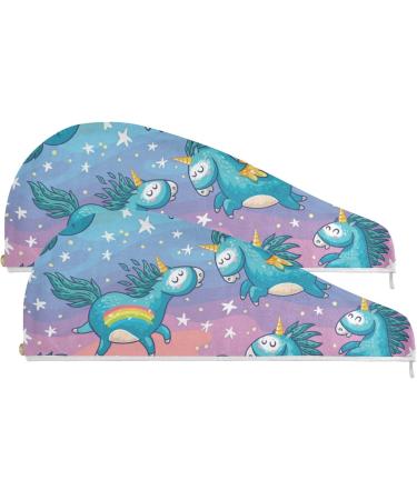 Unicorns Flying in Rainbow Sky Hair Drying Towels - Microfiber Hair Turbans for Curly Hair | 2 Pack for Women - Buy Online on GoSupps.com