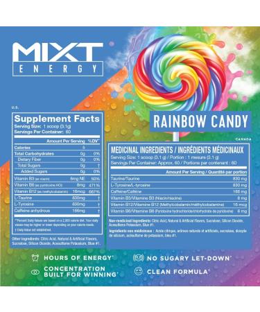 MIXT Energy Drink Mix Energy Powder 8 Hour Energy Formula Designed for Concentration Focus and Hours of Energy Without the Crash Sugar Free (60 Servings Rainbow Candy)y 200 g (Pack of 1) - Buy Online on GoSupps.com