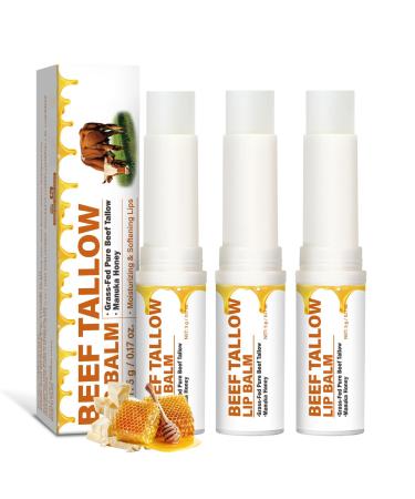 INSEEK Beef Tallow Lip Balm Grass-Fed Beef Tallow and Organic Beeswax Shea Butter Squalane All-Natural Ingredients Long-Lasting Moisturizing for Dry Cracked Lips Improve Lip Lines (Pack of 3)