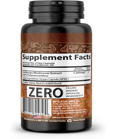 SMSHEALTHPRODUCTS.com Cordyceps Mushroom Pills - Dietary Supplement Extract with 30% Polysaccarides for Energy & Immune Support Vegan Supplement Non-GMO 60 Capsules - Buy Online on GoSupps.com